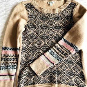 Sundance Fair Isle and Diamond Tan and Navy Pattern Sweater, Size S